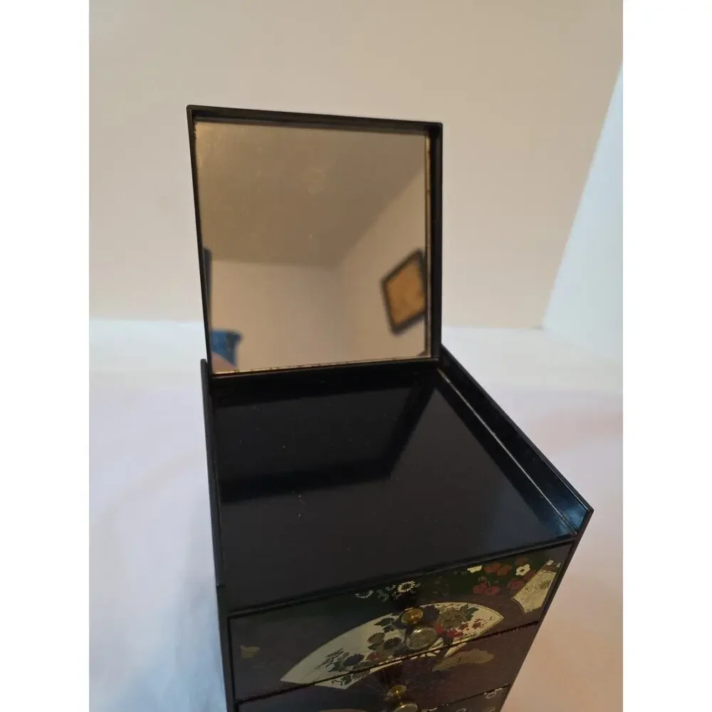 Vtg Otagiri Original Lacquerware Black W Fans Flowers 3 Drawer Jewelry Box
